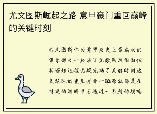 尤文图斯崛起之路 意甲豪门重回巅峰的关键时刻 尤文图斯崛起之路 意甲豪门重回巅峰的关键时刻
