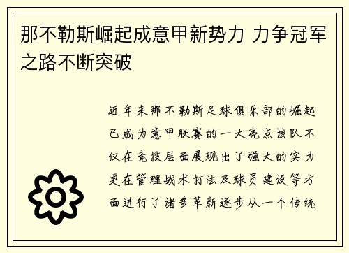 那不勒斯崛起成意甲新势力 力争冠军之路不断突破